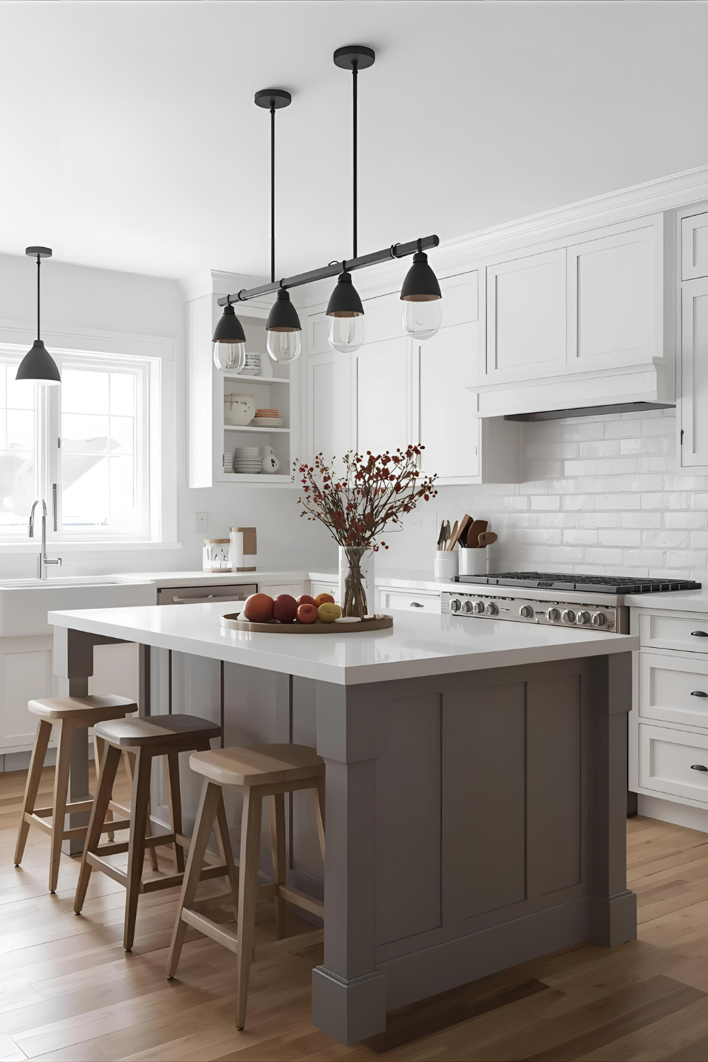 Bright modern kitchen with white shaker cabinets, 
      a large gray island, black pendant lighting, and a fruit bowl centerpiece on a white quartz countertop.